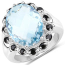 12.49 Carat Genuine Blue Topaz & Black Spinel .925 Sterling Silver Ring