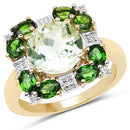 14K Yellow Gold Plated 5.36 Carat Genuine Green Amethyst, Chrome Diopside & White Topaz .925 Sterling Silver Ring