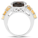 9.74 Carat Genuine Smoky Quartz, Citrine & White Topaz .925 Sterling Silver Ring