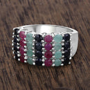 "3.40 Carat Genuine Emerald, Ruby and Black Sapphire .925 Sterling Silver Ring