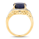 6.52 Carat Genuine Blue Sapphire and White Diamond 14K Yellow Gold Ring