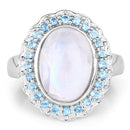 7.21 Carat Genuine White Rainbow Moonstone & Swiss Blue Topaz .925 Sterling Silver Ring