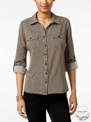NY Collection Womens Petites Striped Utility Button-Down Top, Size PL