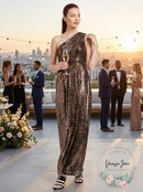 Calvin Klein Womens Metallic One Shoulder Evening Dress, Size 4