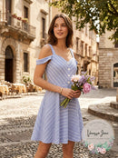 City Studios Juniors Cold-Shoulder Fit & Flare Dress, Blue/White, Size 11