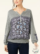 Style and Co. Womens Floral Print Smocked Henley Top,Size Medium