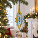 Blue and Gold Jeweled Vine Elongated Pointed Teardrop Finial Glass Christmas Ornament
