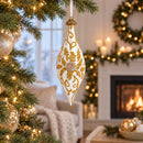 Ivory & Gold Pearl Embossed Elongated Pointed Teardrop Finial Glass Christmas Ornament