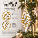Ivory & Gold Pearl Embossed Elongated Pointed Teardrop Finial Glass Christmas Ornament