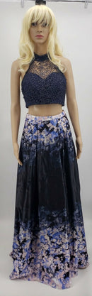 City Studios Juniors 2-Pc. Glitter Lace Top and Floral Skirt Navy, Size 7