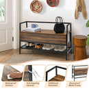 Industrial Shoe Bench with Storage Space and Metal Handrail-Rustic Brown