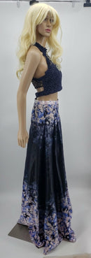 City Studios Juniors 2-Pc. Glitter Lace Top and Floral Skirt Navy, Size 7