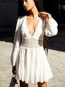 Free People The Delightful V-Neck Long Sleeve Mini Dress Ivory, Size 6
