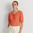 Ralph Lauren Womens Top Waffle-Knit Striped Puff-Sleeve Lace Up Neck, Size L