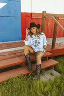 Saddle Oiled Raw Hem V-Neck Graphic