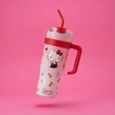 Hello Kitty 40 oz Stainless Steel Insulated Handle Tumbler in Pink and Red | XL Size with Straw | Gift for Her