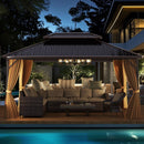 16 x 12 Feet Hardtop Gazebo Aluminum Frame Permanent Pavilion with Curtains and Netting-Coffee