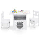Kids Table and Chairs Set 3 Pieces Wooden Children Furniture with Cat House-White
