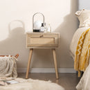Set of 2 Modern Rattan Nightstand with Drawer and Solid Wood Legs for Bedroom and Living Room-Oak