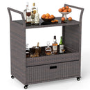 Outdoor Wicker Bar Cart Table with Tempered Glass Top
