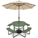 3-Piece Round Picnic Table Set with 10FT Solar LED Tilt Umbrella and Base for Patio Backyard