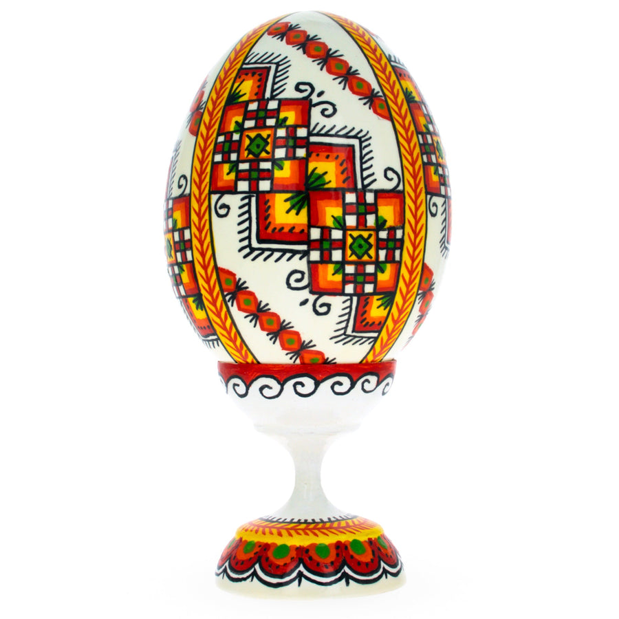 Embroidered Stripe Ukrainian Wooden Easter Egg Pysanka on a Stand 3.75 Inches