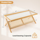 Z-Shaped Handwoven Bamboo Coffee Table with Tempered Glass Top-Natural