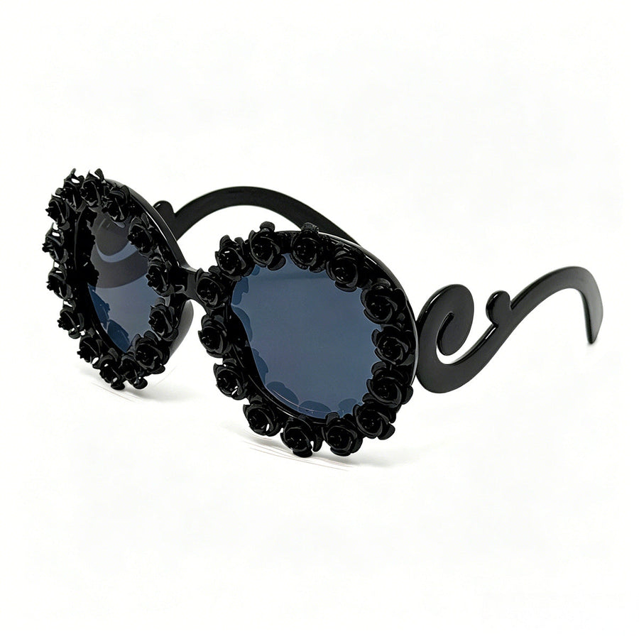 Vintage Three Dimensional Rose Round Frame Sunglasses For Women Sun Glasses