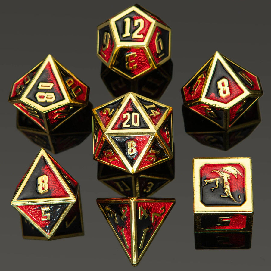 Draconis Solid Metal Polyhedral Dice Set - Gold, Red & Black