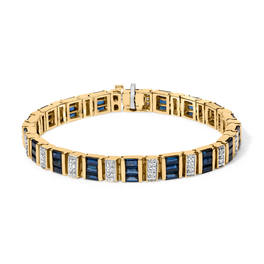 14K Yellow Gold 2/5 Cttw Diamond & 8.0 Cttw Baguette Cut Blue Sapphire Alternating Link Bracelet (G-H Color, VS1-VS2 Clarity) - 7