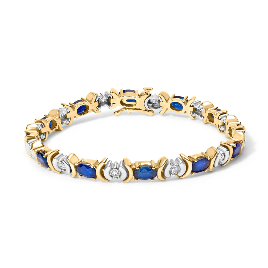 14K Yellow Gold 1.00 Cttw Alternating  Diamond and 6 1/2 Cttw Oval Blue Sapphire Link Bracelet (H-I Color, SI1-SI2 Clarity) - 7