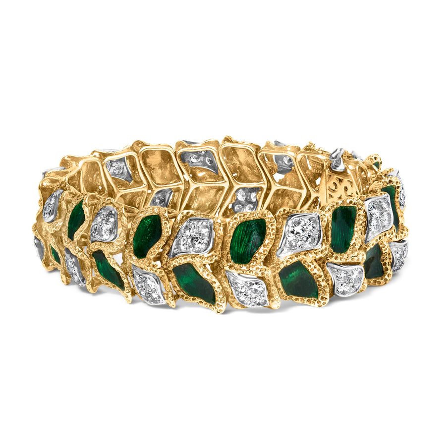 18K Yellow Gold 3 1/4 Cttw Diamond and Green Enamel Gold Textured Bracelet (G-H Color, VS1-VS2 Clarity) - 7