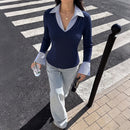Color-block V-neck Fitted Top For Women