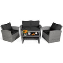 4 Pieces Patio Rattan Furniture Set Sofa Table with Storage Shelf Cushion