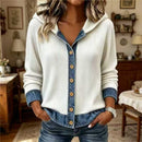 Womens Autumn Printed Denim-Style Patchwork Hooded Long-Sleeve Shirt