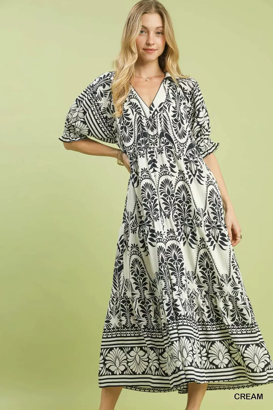 umgee midi dress Textured Ruffle Sleeve Tiered Charming Charlie Fall wedding event dresses Umgee cream mix midi length