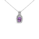 .925 Sterling Silver 9x7mm Oval Purple Amethyst and Round Diamond Accent Fashion Drop Pendant 18 Inch Necklace (I-J Color, I1-I2 Clarity)