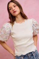 SO ME Floral Cotton Contrast Sleeves Scallop Sweater Top