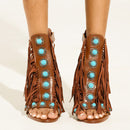 Women's Zipper Round Toe Hollow Tassel Sandals