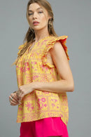 Umgee Printed Ruffle Cap Sleeve Blouse