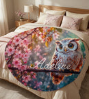 Personalized Owl Round Blanket with Name - White Owl on Cherry Blossom Branch with Custom Name in White Cursive - Owl Gift for Women