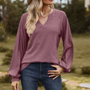 Solid Color V-neck Patchwork Loose Long Sleeve T-shirt