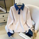 Fake Two-piece Denim Patchwork Polo-neck Contrast-color Sweater