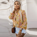 Women's Thin Bohemian Style Printed Ruffles V-neck Long Sleeve Shirt