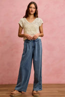 SO ME Mid Rise Ruffled Front Elastic Wide Leg Jeans