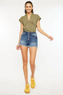 Kancan High Rise Frayed Hem Denim Shorts