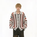 Rainbow Bar Contrast Color Hollow Knitted Cardigan