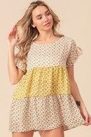 BiBi Flroal Printed Woven Color Block and Tiered Top