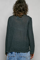 POL Contrast Stitch V-Neck Lightweight Knit Long Sleeve Top