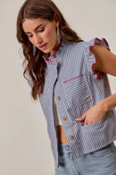 SO ME Stripe Twill Stitch Ruffled Hidden Button Vest Top
